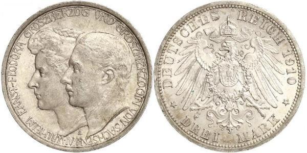 3 Марка Герцогство Саксен-Веймар-Ейзенахське (1809 - 1918) Срібло William Ernest, Grand Duke of Saxe-Weimar-Eisenach