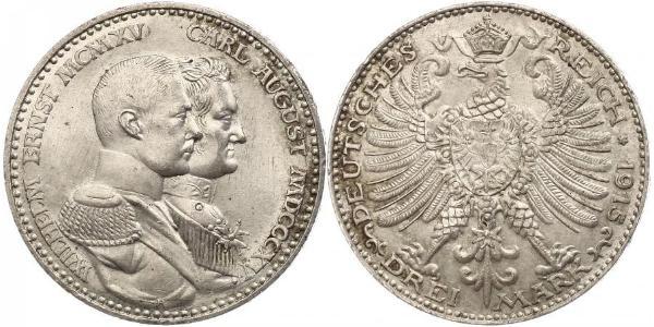 3 Марка Герцогство Саксен-Веймар-Ейзенахське (1809 - 1918) Срібло William Ernest, Grand Duke of Saxe-Weimar-Eisenach
