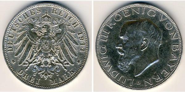 3 Марка Королівство Баварія (1806 - 1918) Срібло Людвіг III (король Баварії) (1845 – 1921)
