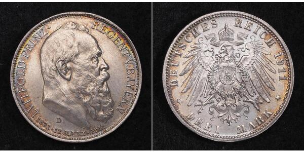 3 Марка Королівство Баварія (1806 - 1918) Срібло Otto of Bavaria (1848 – 1916)