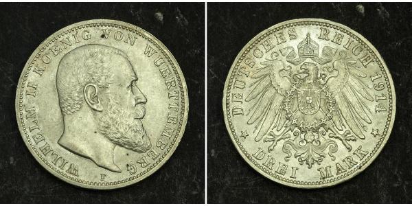 3 Марка Королівство Вюртемберг Срібло Wilhelm II, German Emperor (1859-1941)