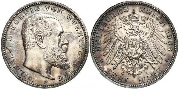 3 Марка Королівство Вюртемберг Срібло Wilhelm II, German Emperor (1859-1941)