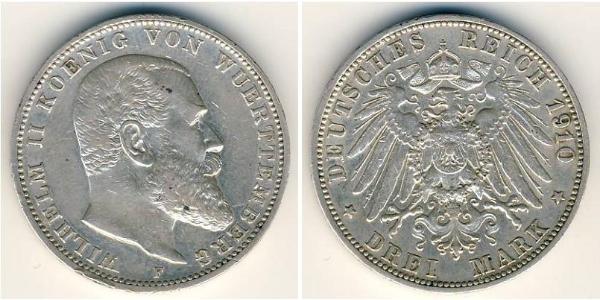 3 Марка Королівство Вюртемберг Срібло Wilhelm II, German Emperor (1859-1941)