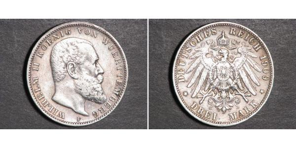 3 Марка Королівство Вюртемберг Срібло Wilhelm II, German Emperor (1859-1941)