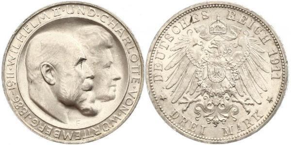 3 Марка Королівство Вюртемберг Срібло Wilhelm II, German Emperor (1859-1941)