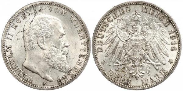3 Марка Королівство Вюртемберг Срібло Wilhelm II, German Emperor (1859-1941)