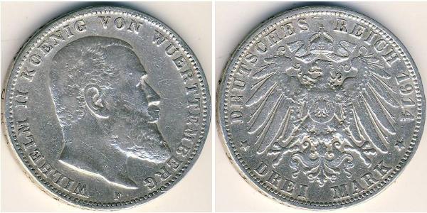 3 Марка Королівство Вюртемберг Срібло Wilhelm II, German Emperor (1859-1941)