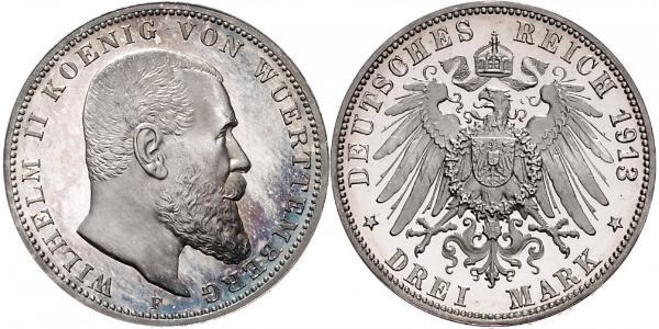 3 Марка Королівство Вюртемберг Срібло Wilhelm II, German Emperor (1859-1941)