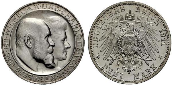 3 Марка Королівство Вюртемберг Срібло Wilhelm II, German Emperor (1859-1941)