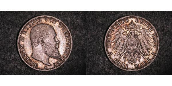 3 Марка Королівство Вюртемберг Срібло Wilhelm II, German Emperor (1859-1941)