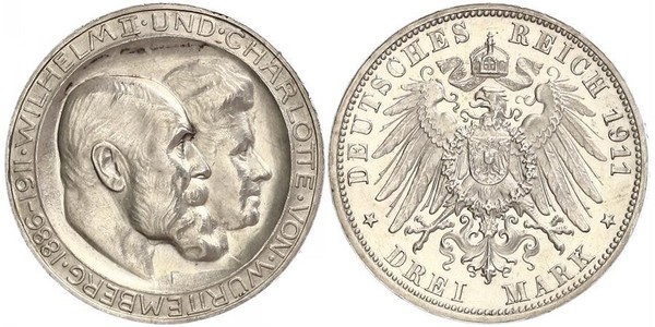 3 Марка Королівство Вюртемберг Срібло Wilhelm II, German Emperor (1859-1941)