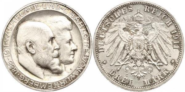 3 Марка Королівство Вюртемберг Срібло Wilhelm II, German Emperor (1859-1941)