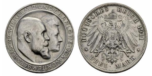 3 Марка Королівство Вюртемберг Срібло Wilhelm II, German Emperor (1859-1941)