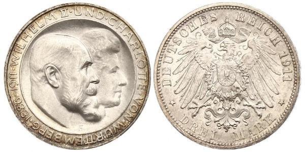 3 Марка Королівство Вюртемберг Срібло Wilhelm II, German Emperor (1859-1941)