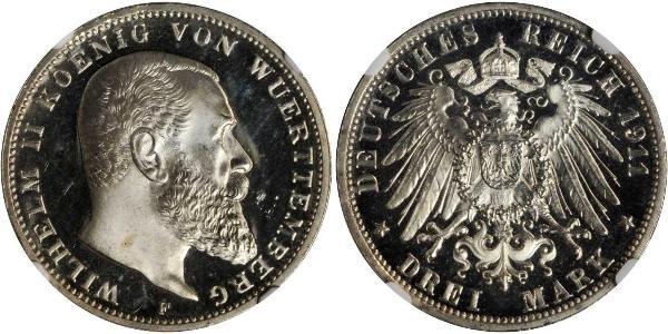 3 Марка Королівство Вюртемберг Срібло Wilhelm II, German Emperor (1859-1941)