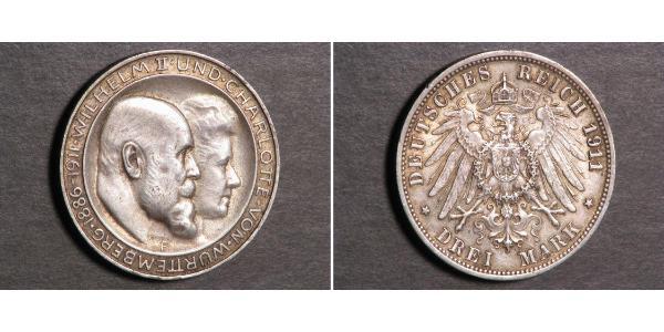 3 Марка Королівство Вюртемберг Срібло Wilhelm II, German Emperor (1859-1941)
