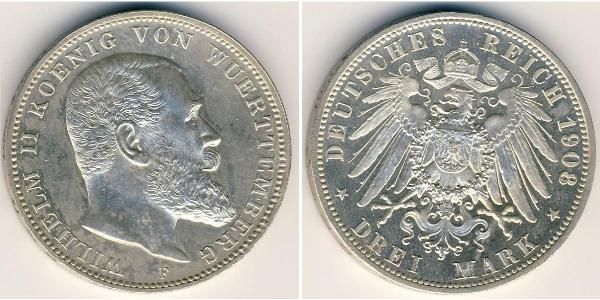 3 Марка Королівство Вюртемберг Срібло Wilhelm II, German Emperor (1859-1941)