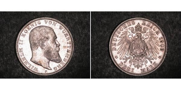 3 Марка Королівство Вюртемберг Срібло Wilhelm II, German Emperor (1859-1941)