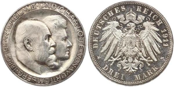 3 Марка Королівство Вюртемберг Срібло Wilhelm II, German Emperor (1859-1941)
