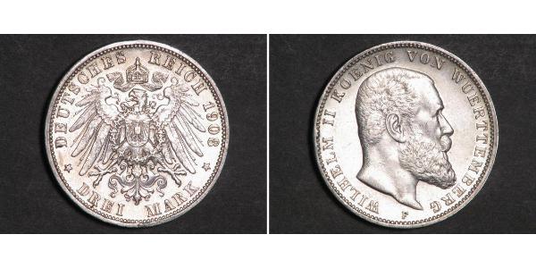 3 Марка Королівство Вюртемберг Срібло Wilhelm II, German Emperor (1859-1941)
