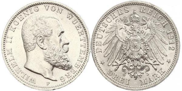 3 Марка Королівство Вюртемберг Срібло Wilhelm II, German Emperor (1859-1941)