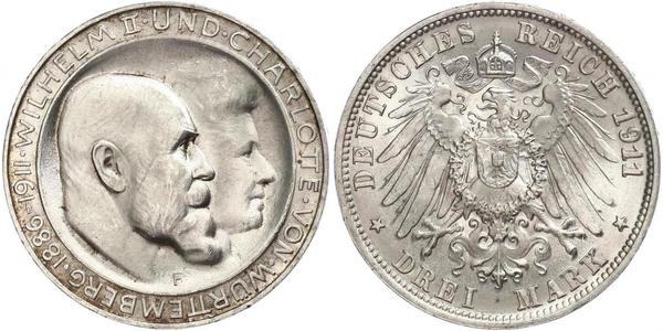 3 Марка Королівство Вюртемберг Срібло Wilhelm II, German Emperor (1859-1941)