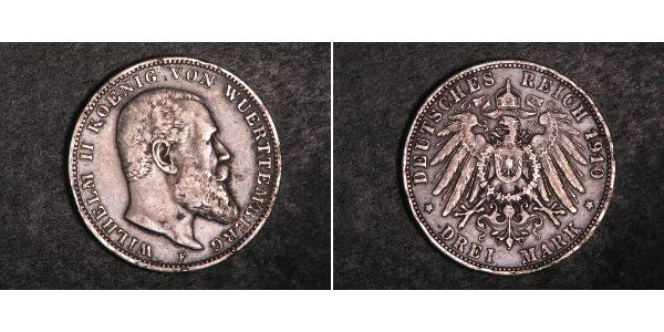 3 Марка Королівство Вюртемберг Срібло Wilhelm II, German Emperor (1859-1941)