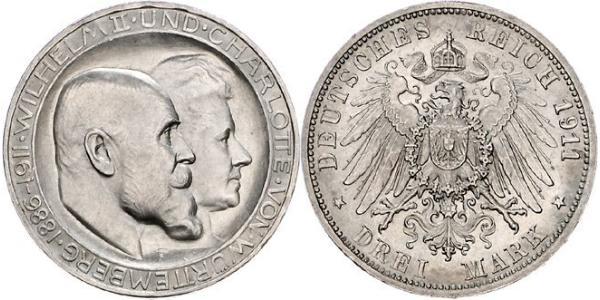 3 Марка Королівство Вюртемберг Срібло Wilhelm II, German Emperor (1859-1941)