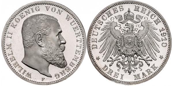 3 Марка Королівство Вюртемберг Срібло Wilhelm II, German Emperor (1859-1941)
