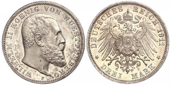 3 Марка Королівство Вюртемберг Срібло Wilhelm II, German Emperor (1859-1941)
