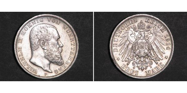 3 Марка Королівство Вюртемберг Срібло Wilhelm II, German Emperor (1859-1941)