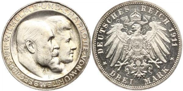 3 Марка Королівство Вюртемберг Срібло Wilhelm II, German Emperor (1859-1941)