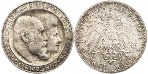 3 Марка Королівство Вюртемберг Срібло Wilhelm II, German Emperor (1859-1941)