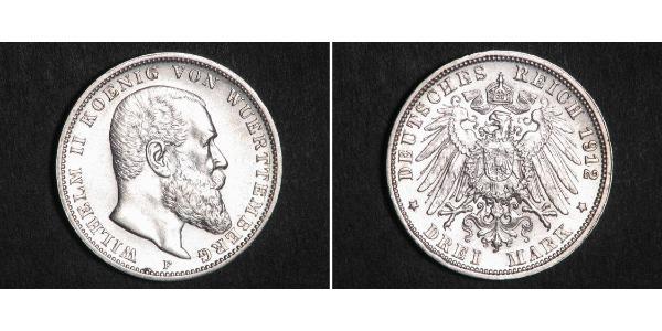 3 Марка Королівство Вюртемберг Срібло Wilhelm II, German Emperor (1859-1941)