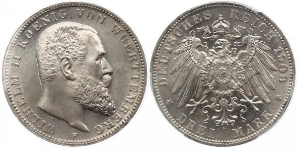 3 Марка Королівство Вюртемберг Срібло Wilhelm II, German Emperor (1859-1941)