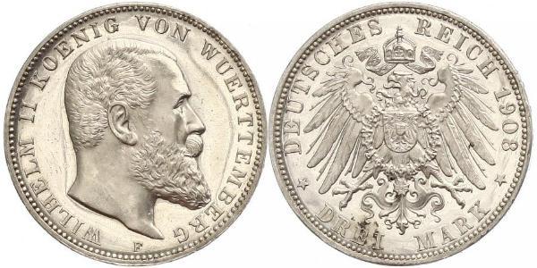 3 Марка Королівство Вюртемберг Срібло Wilhelm II, German Emperor (1859-1941)