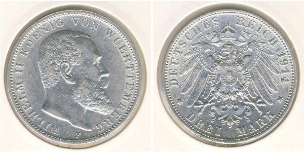 3 Марка Королівство Вюртемберг Срібло Wilhelm II, German Emperor (1859-1941)