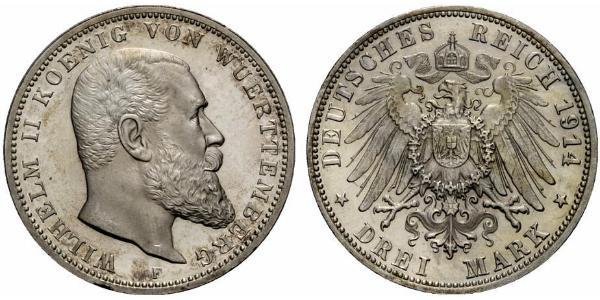 3 Марка Королівство Вюртемберг Срібло Wilhelm II, German Emperor (1859-1941)