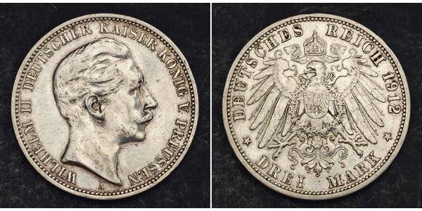 3 Марка Королівство Пруссія (1701-1918) Срібло Wilhelm II, German Emperor (1859-1941)