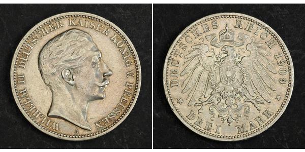 3 Марка Королівство Пруссія (1701-1918) Срібло Wilhelm II, German Emperor (1859-1941)
