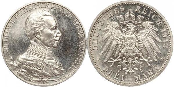 3 Марка Королівство Пруссія (1701-1918) Срібло Wilhelm II, German Emperor (1859-1941)