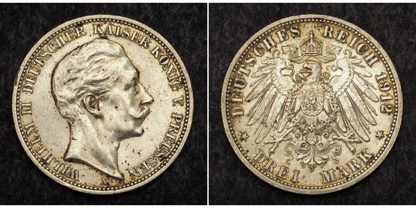 3 Марка Королівство Пруссія (1701-1918) Срібло Wilhelm II, German Emperor (1859-1941)