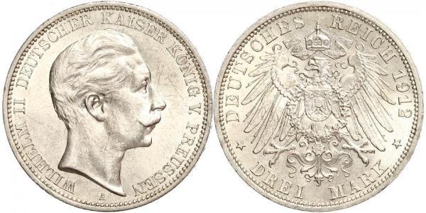 3 Марка Королівство Пруссія (1701-1918) Срібло Wilhelm II, German Emperor (1859-1941)