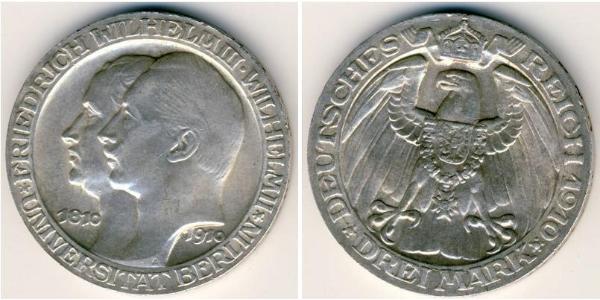 3 Марка Королівство Пруссія (1701-1918) Срібло Wilhelm II, German Emperor (1859-1941)