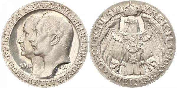 3 Марка Королівство Пруссія (1701-1918) Срібло Wilhelm II, German Emperor (1859-1941)