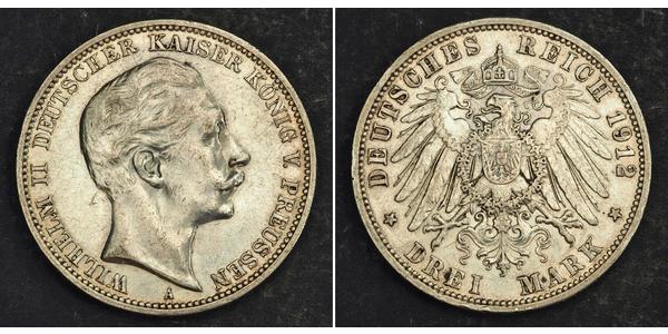 3 Марка Королівство Пруссія (1701-1918) Срібло Wilhelm II, German Emperor (1859-1941)