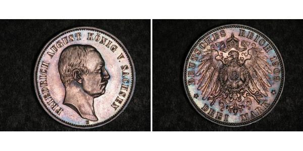 3 Марка Королівство Саксонія (1806 - 1918) Срібло Frederick Augustus III of Saxony (1865-1932)