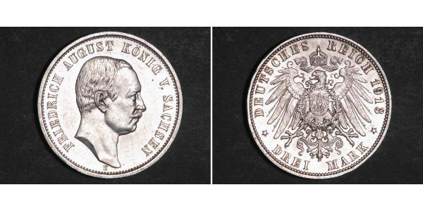 3 Марка Королівство Саксонія (1806 - 1918) Срібло Frederick Augustus III of Saxony (1865-1932)