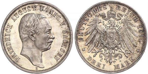 3 Марка Королівство Саксонія (1806 - 1918) Срібло Frederick Augustus III of Saxony (1865-1932)