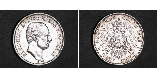 3 Марка Королівство Саксонія (1806 - 1918) Срібло Frederick Augustus III of Saxony (1865-1932)